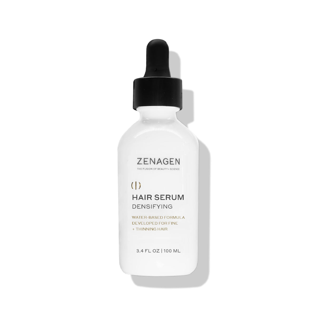 Zenagen Densifying Serum bottle close-up showing a lightweight, non-greasy formula for fine hair.
