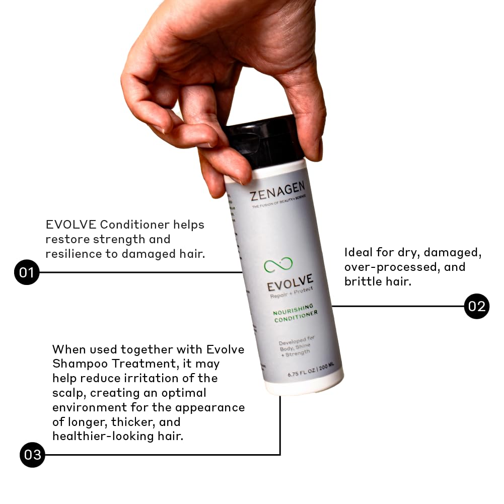 Zenagen Evolve conditioner label closeup highlights vegan, cruelty-free, color-safe formulation.