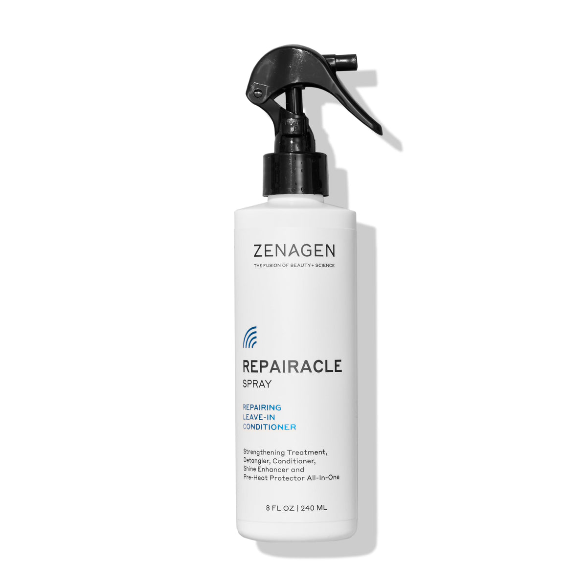 Zenagen Repairacle bottle pour demonstrates a lightweight leave-in option for all hair types.