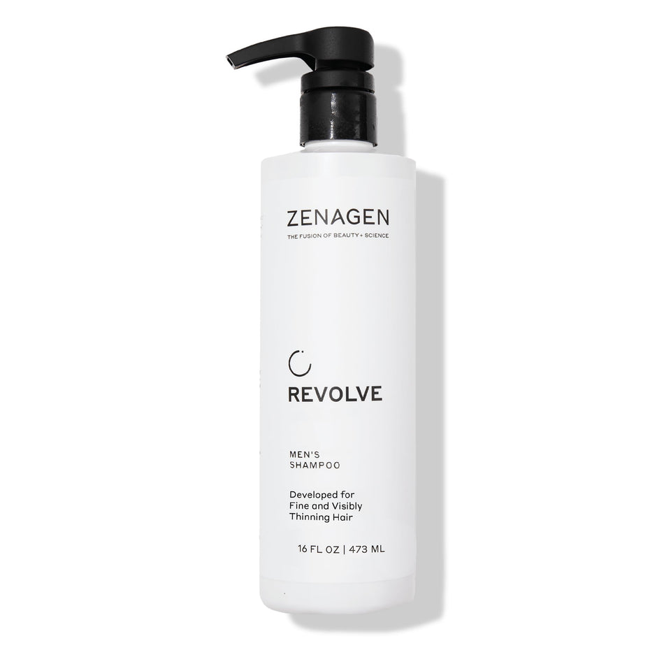Zenagen Revolve bottle highlight shows a plant-based thickening action for finer hair.