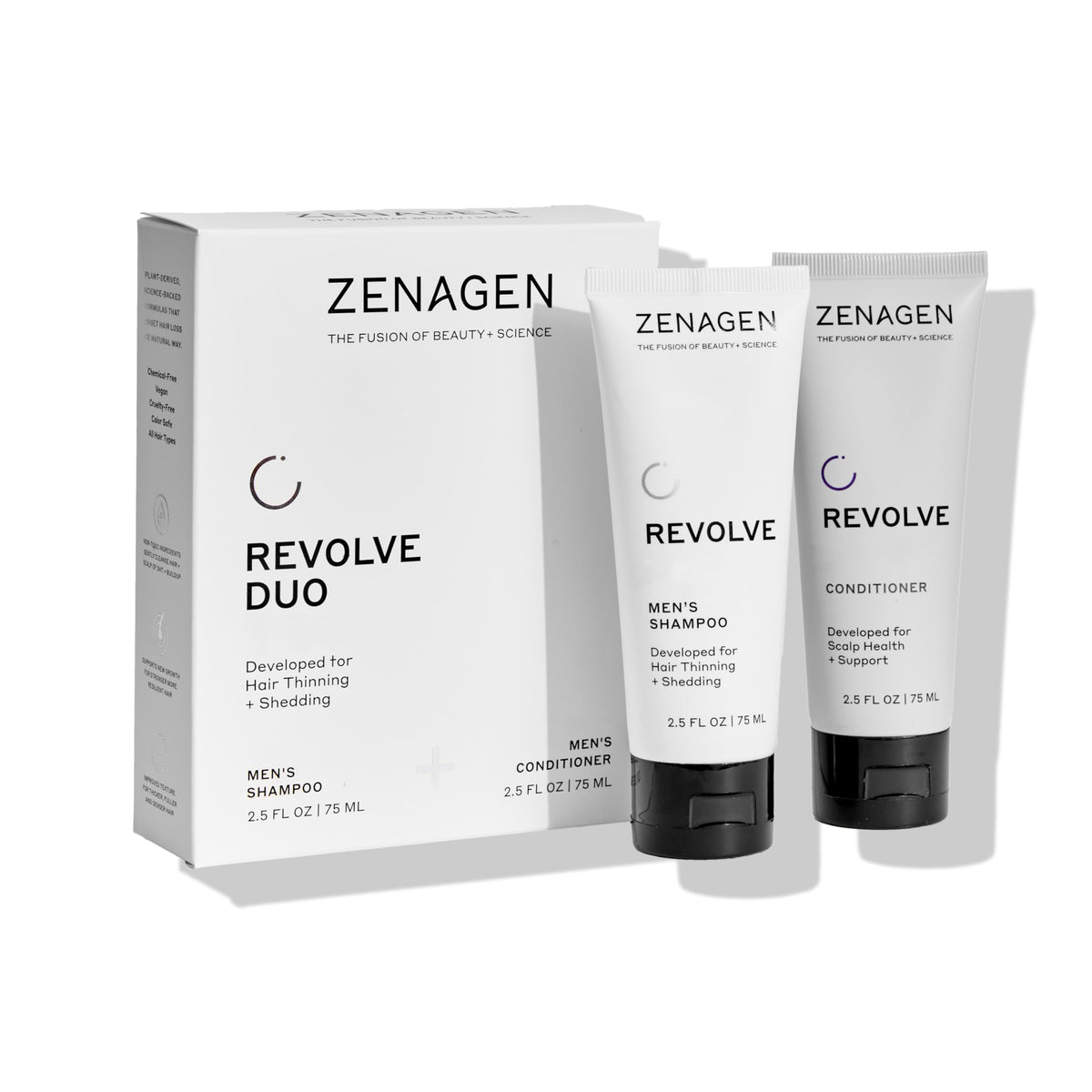 Zenagen Revolve travel kit front packaging, compact for on-the-go thicker-looking hair routines.