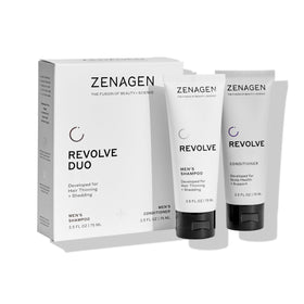 Zenagen Revolve travel kit front packaging, compact for on-the-go thicker-looking hair routines.