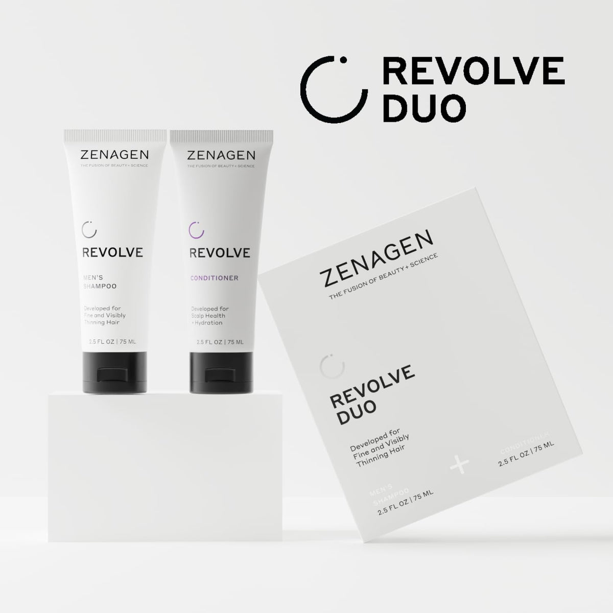 Zenagen Revolve shampoo bottle, lightweight wash designed for fine hair.