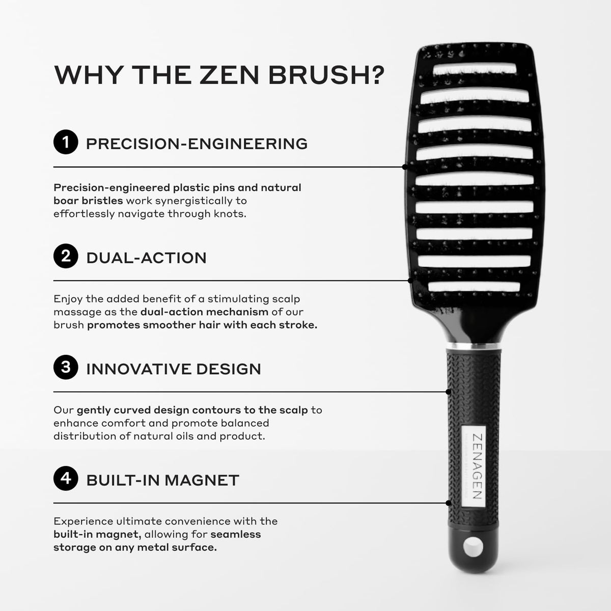 Zenagen ZEN Brush magnet storage demonstrates convenient hang-and-reach storage on metal surfaces.