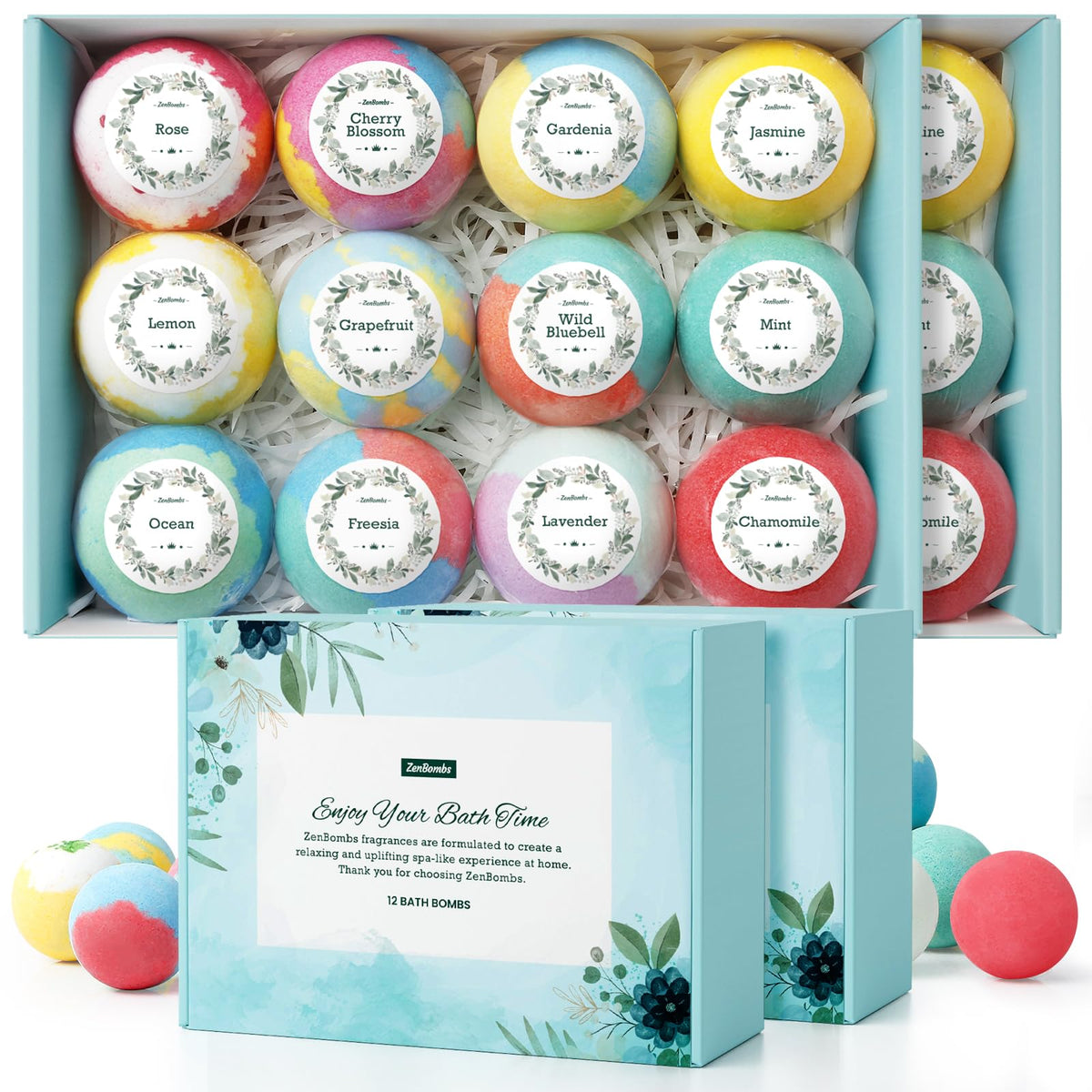 ZenBombs bath bombs assortment in a gift box, ideal for gifting or pampering moments.