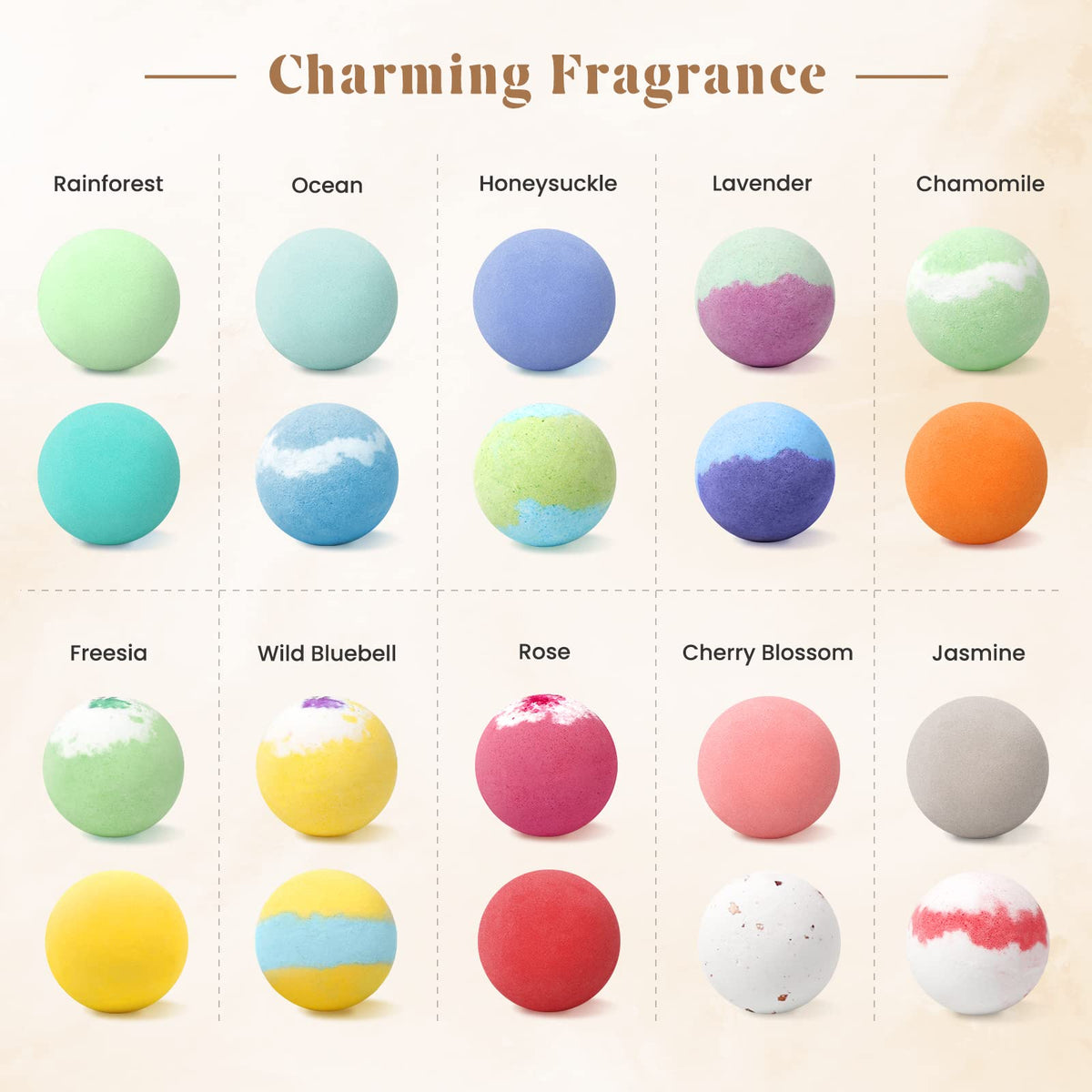 ZenBombs variety scent assortment showcasing ten natural fragrances for a personal spa moment.
