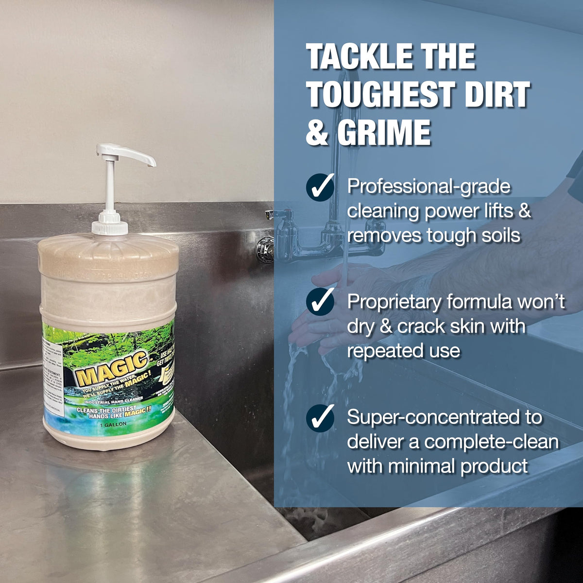 Hands washed with Zenex Magic Hand Soap removing grease and oil in a workshop