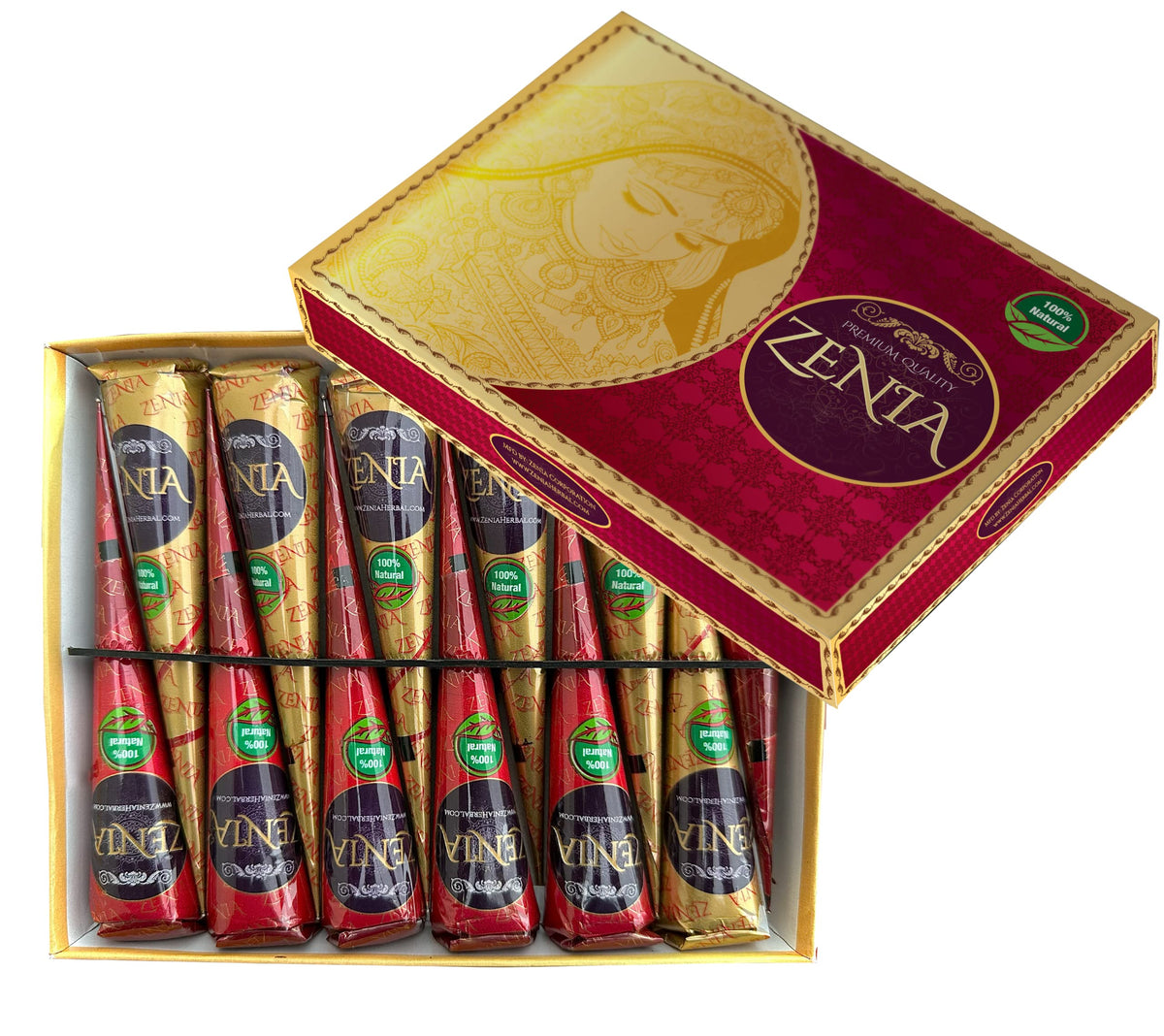 Zenia henna cone color swatch showing reddish-brown shade for warm tones.