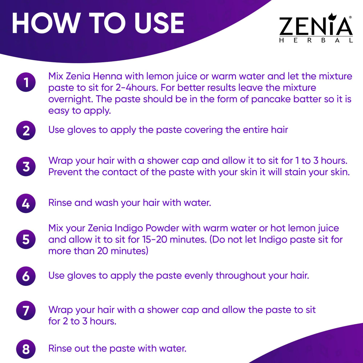 Zenia Indigo Powder aftercare steps, highlighting a gentle rinse and preservation of color.