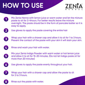 Zenia Indigo Powder aftercare steps, highlighting a gentle rinse and preservation of color.