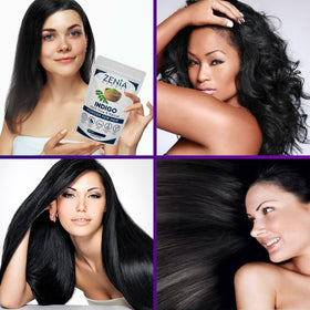 Zenia Indigo Powder final shade on hair, from brown to deep black hues.