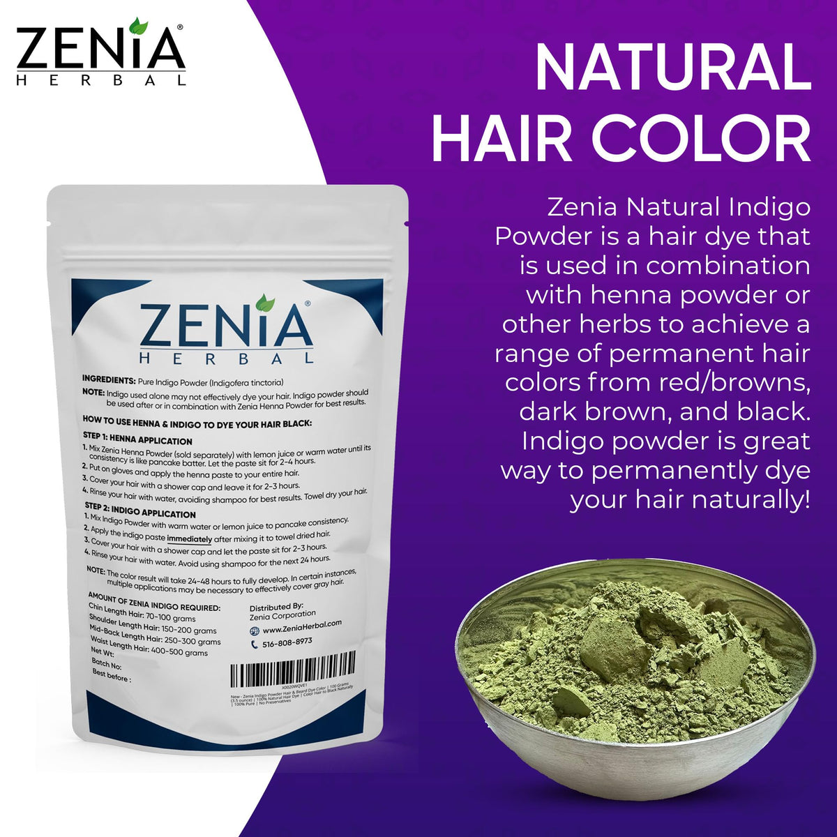 Zenia Indigo Powder being applied to hair, demonstrating color development on strands.