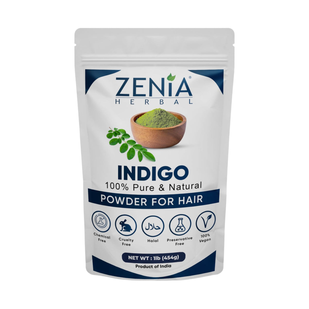 Zenia Indigo Powder packaging for natural hair dye, showcasing purity and a label that emphasizes natural ingredients.