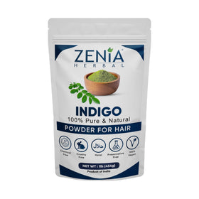 Zenia Indigo Powder packaging for natural hair dye, showcasing purity and a label that emphasizes natural ingredients.
