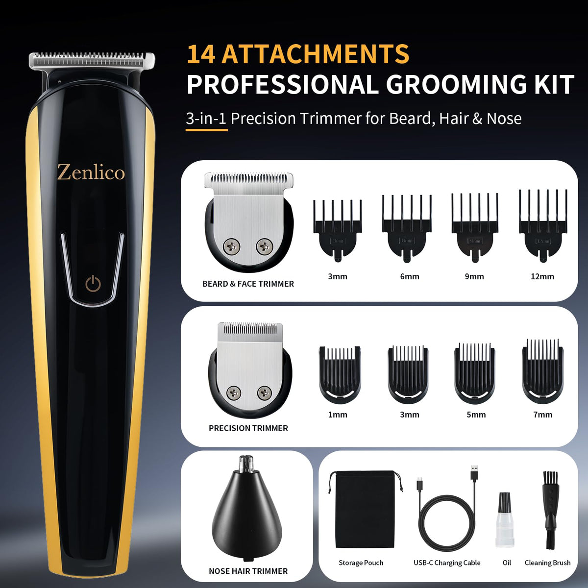 ZENLICO beard trimmer attachments display with customizable length control.