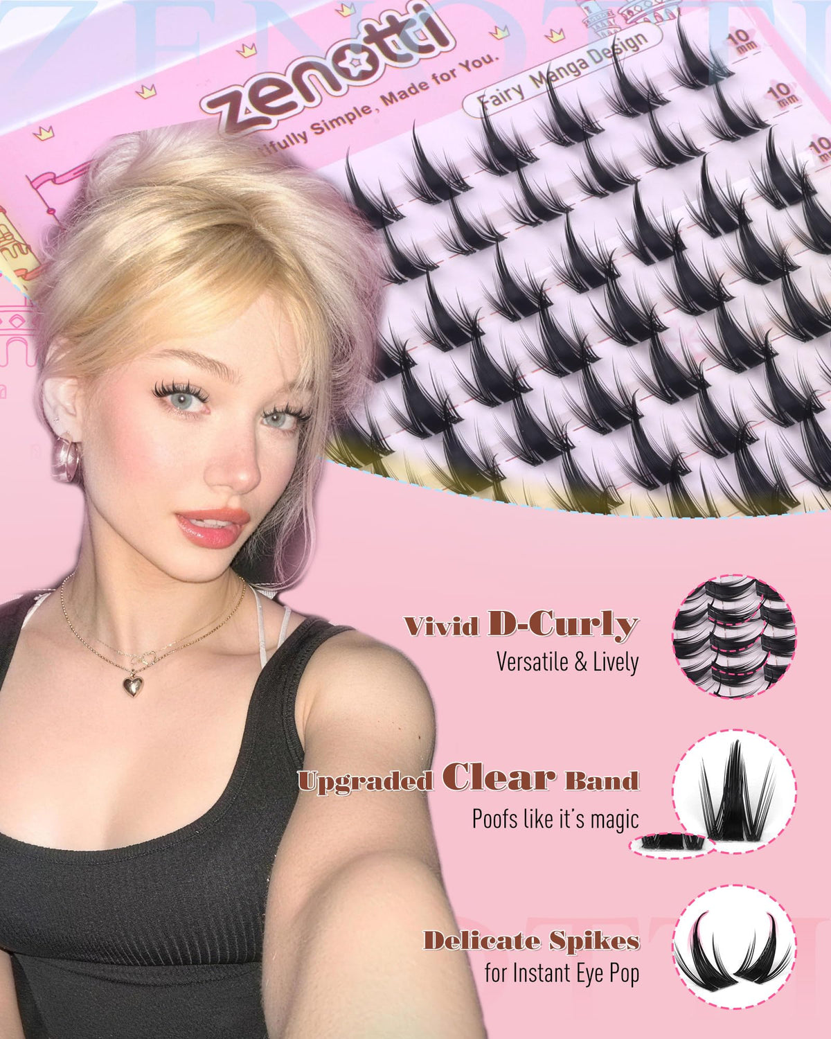 Zenotti eyelash application scene showing easy press-on steps