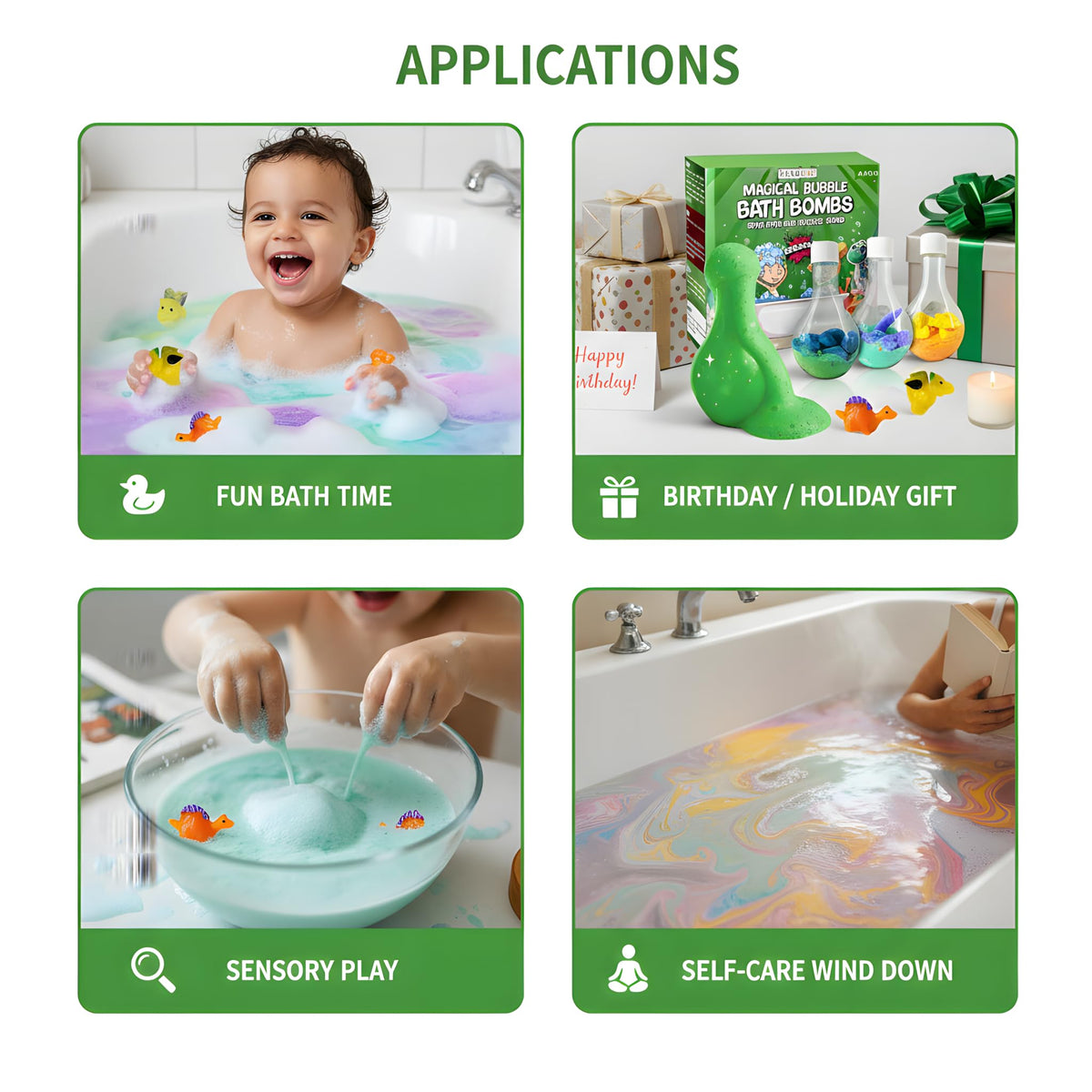 ZenseMe bath bombs create bubbly foam during bath time.