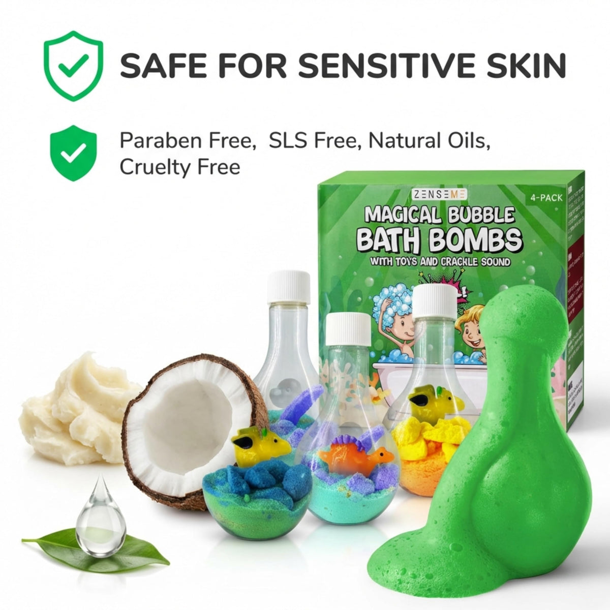 ZenseMe cruelty-free bath bombs offer gentle, safe play.