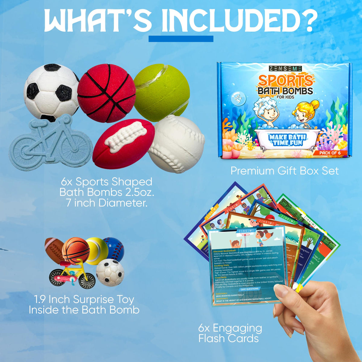 ZenseMe educational flash cards accompany bath bombs for family learning moments