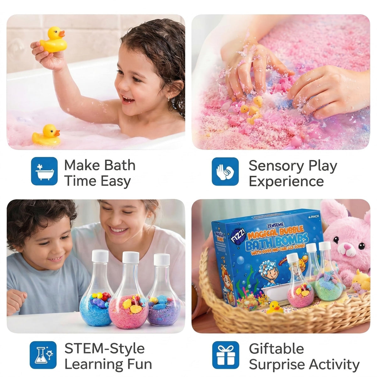 ZenseMe non-toxic, cruelty-free bath bombs for gentle kid baths.