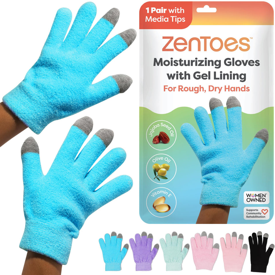 ZenToes moisturizing gloves in fuzzy blue packaging for overnight hydration.