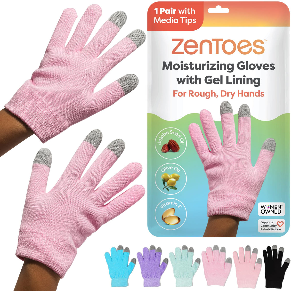 ZenToes Moisturizing Gloves with gel lining deliver deep hydration for dry skin.