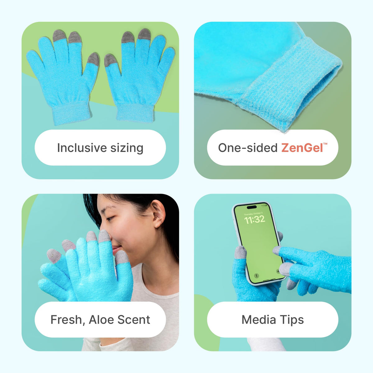 ZenToes gloves worn overnight on hands for soft, hydrated skin.