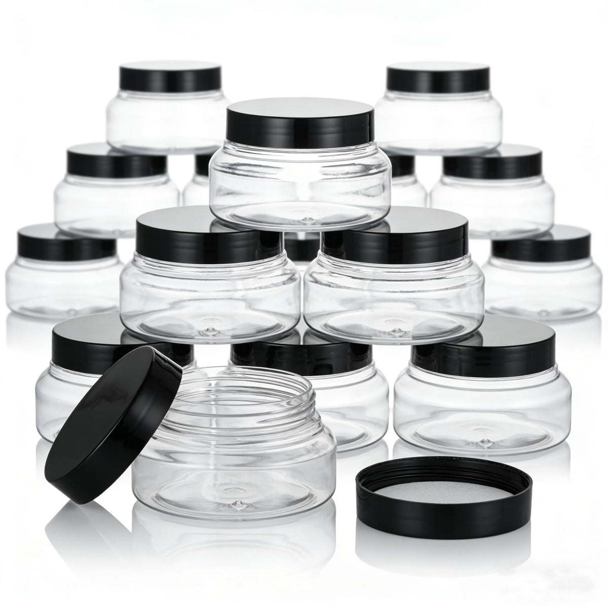 Zentriqlla 24-pack jars with black lids for organized cosmetics storage.