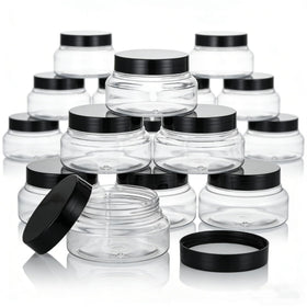 Zentriqlla 24-pack jars with black lids for organized cosmetics storage.