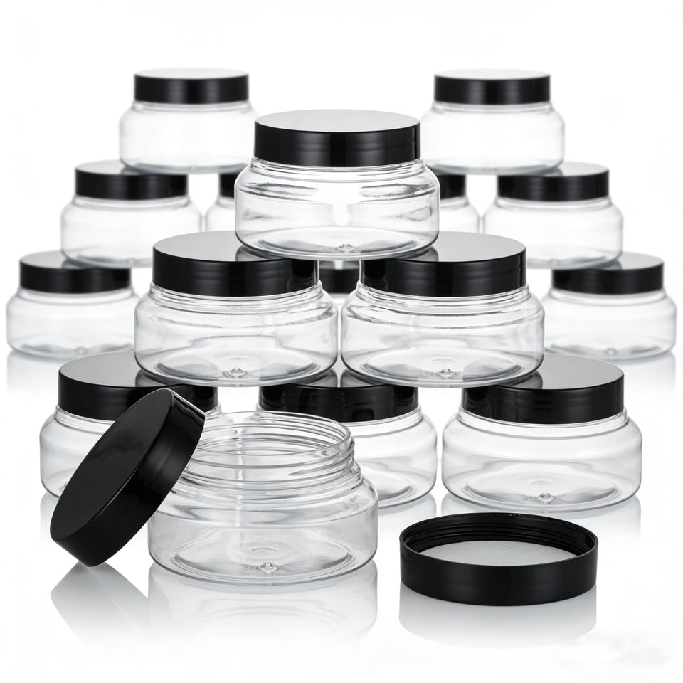 Zentriqlla 24-pack jars with black lids for organized cosmetics storage.