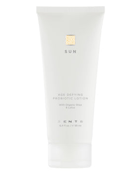 Zents Age-Defying Lotion sun bottle nourishes skin with deep hydration.