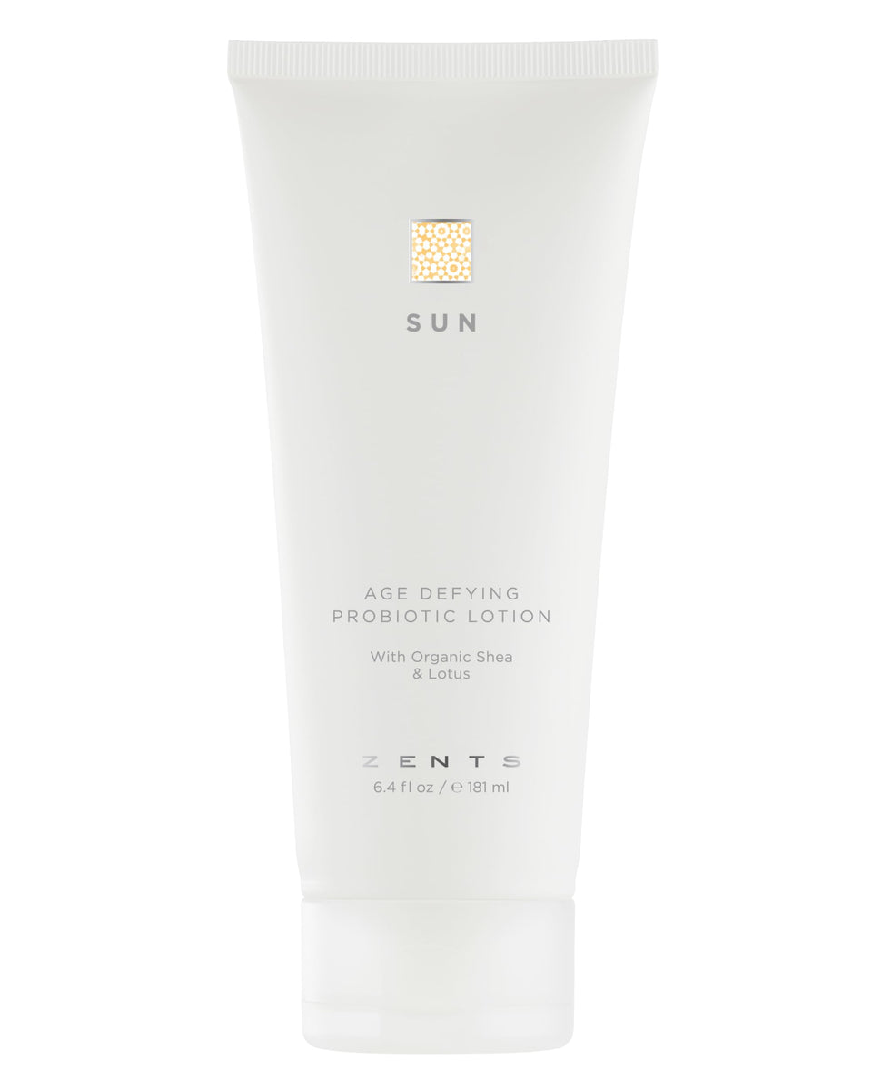 Zents Age-Defying Lotion sun bottle nourishes skin with deep hydration.