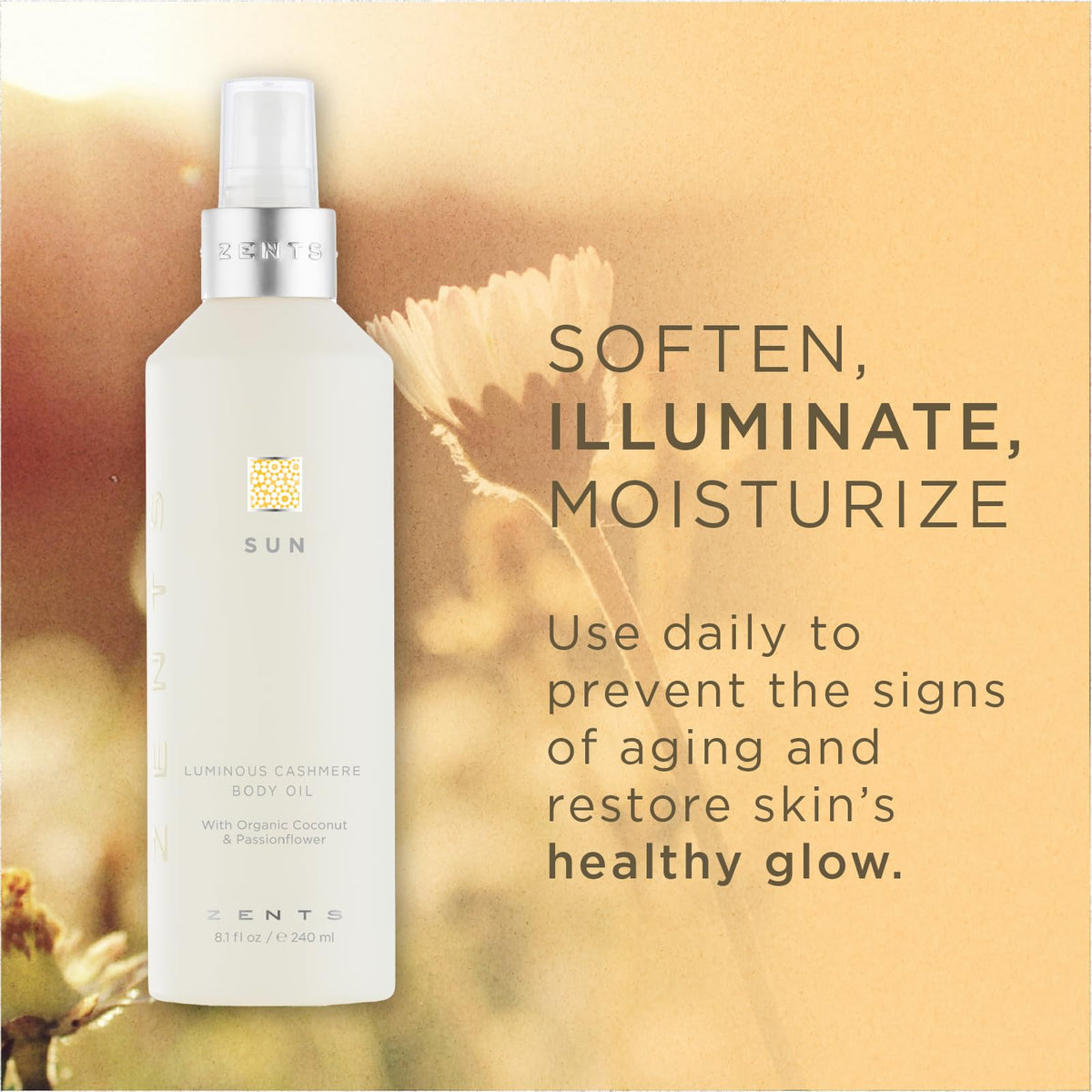 ZENTS Luminous Cashmere Body Oil pump for easy, even diffusion and application.