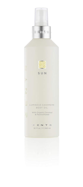 ZENTS Luminous Cashmere Body Oil bottle delivers a sun-fragrance glow for radiant skin.