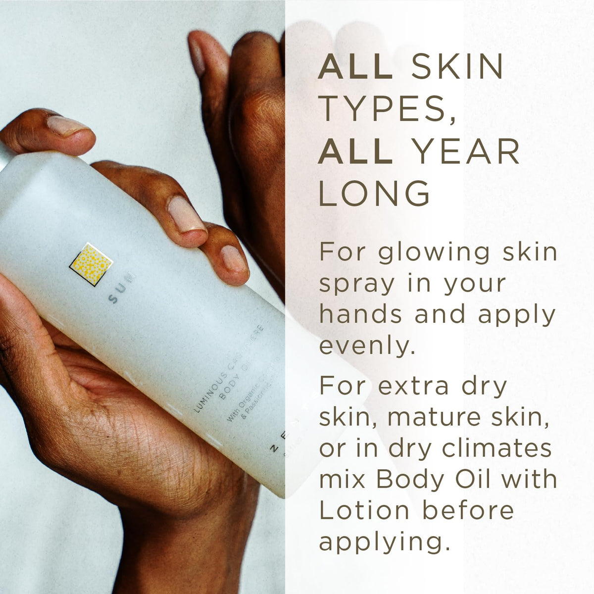 ZENTS Luminous Cashmere Body Oil rich in vitamin E and coconut oil nourishes skin.
