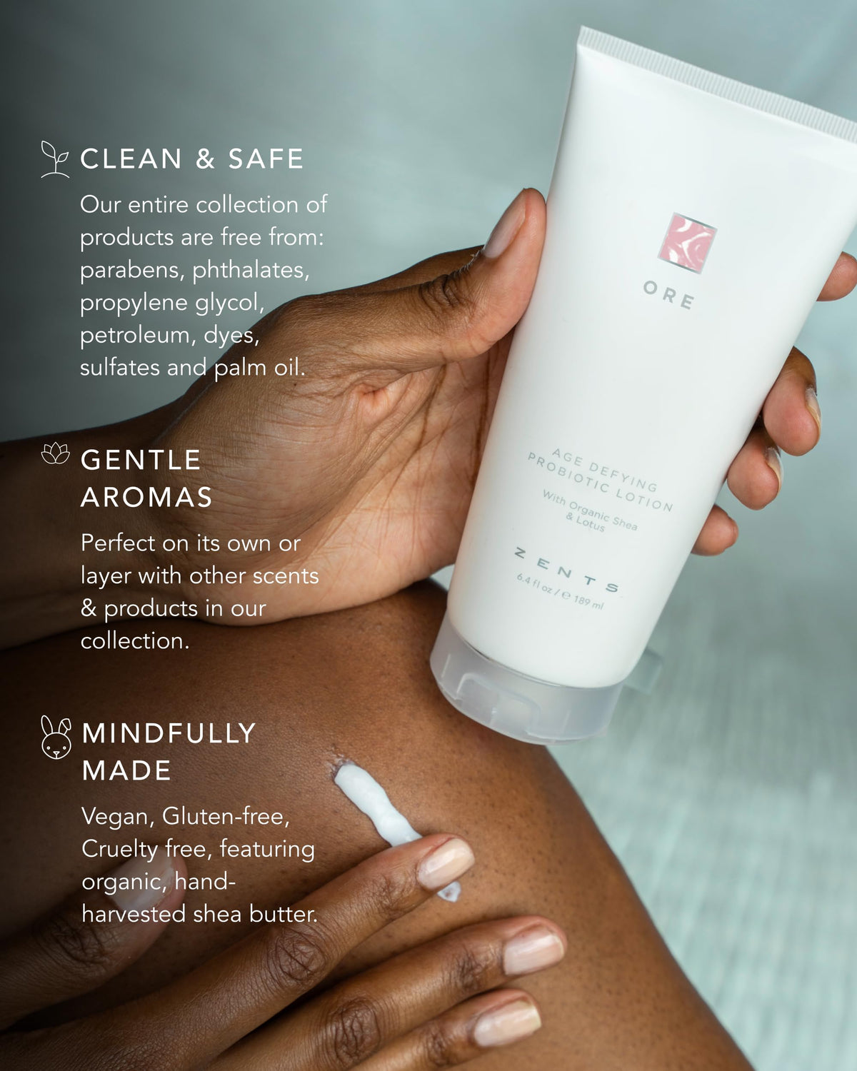 Zents Ore lotion highlights hyaluronic acid for plump, hydrated skin.
