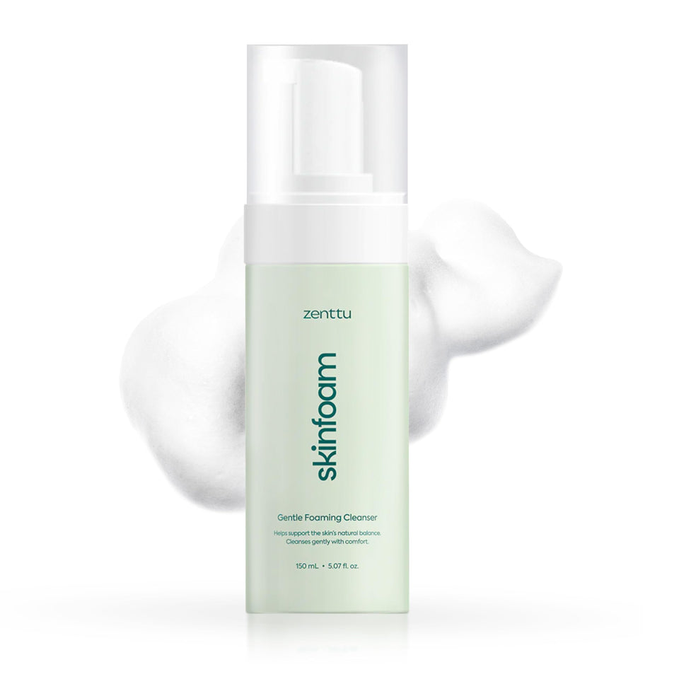 Zenttu Centella Cleansing Foam bottle closeup, gentle daily cleanse for sensitive skin.