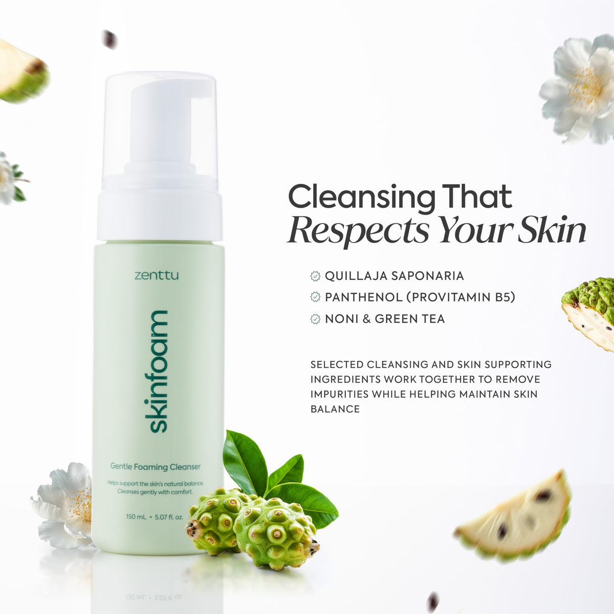 Zenttu Centella Cleansing Foam with Panthenol for soothing properties.