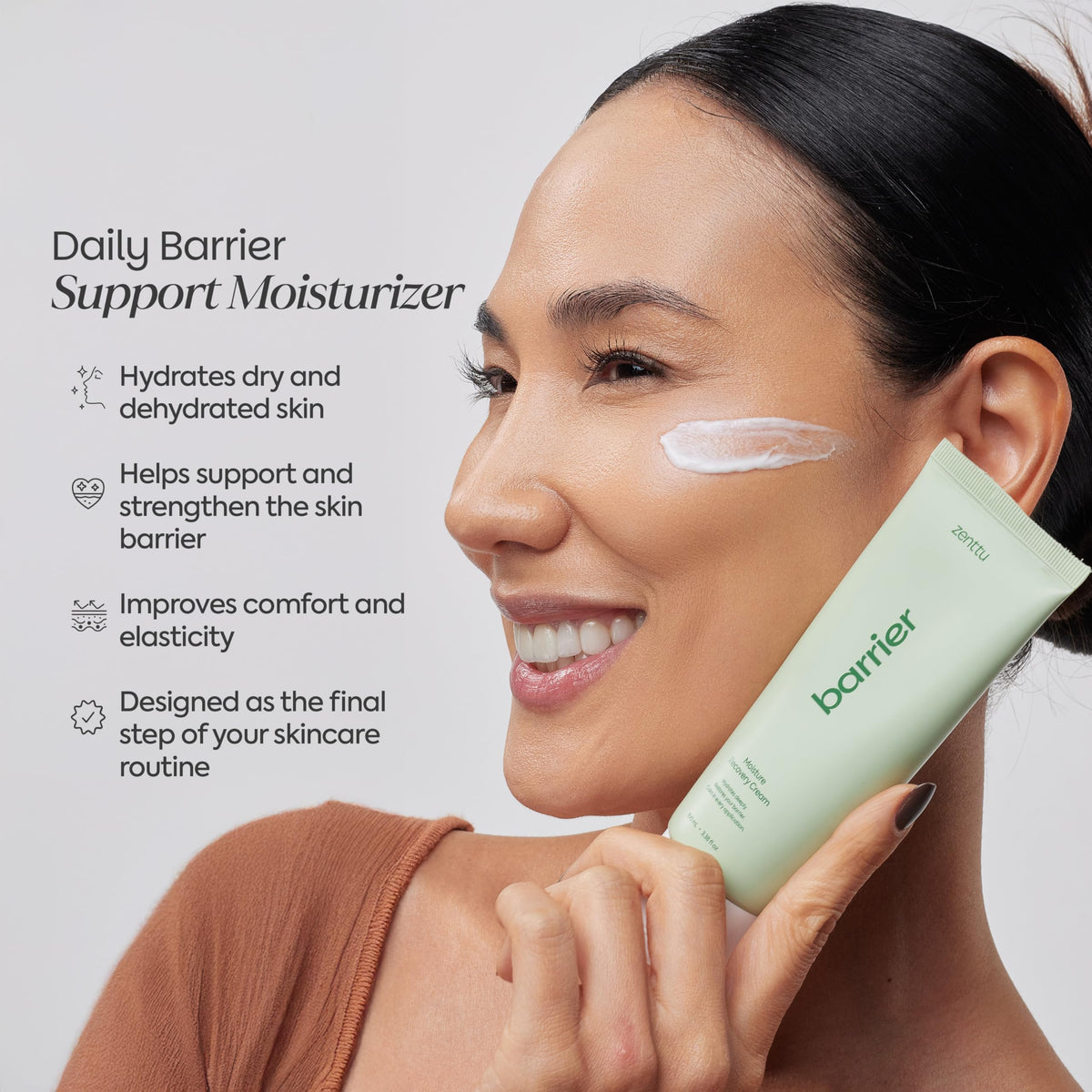 Creamy Zenttu texture close-up shows breathable, non-greasy comfort.
