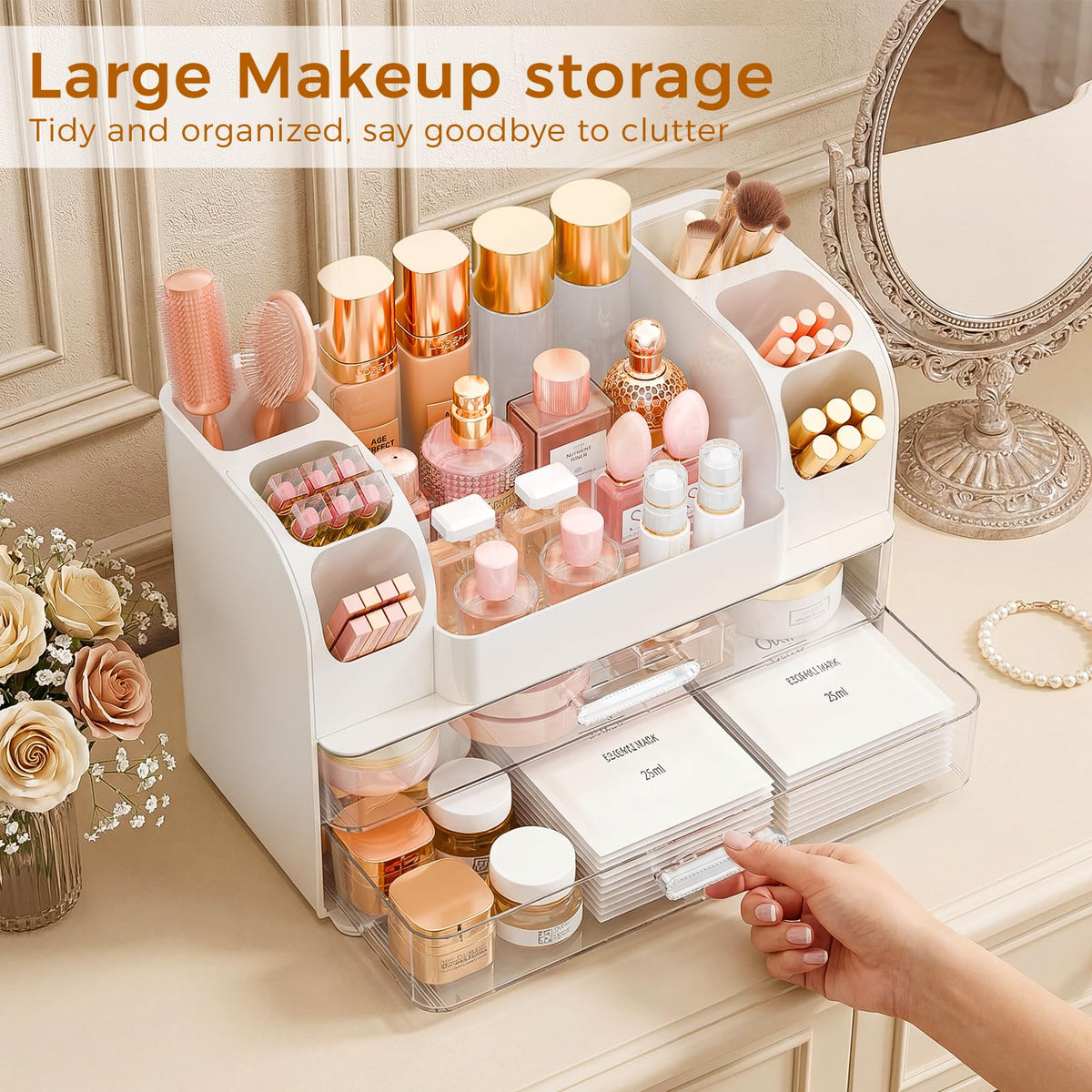 Zenvibesk makeup organizer vanity anti-slip feet white prevents slides on counters during use.
