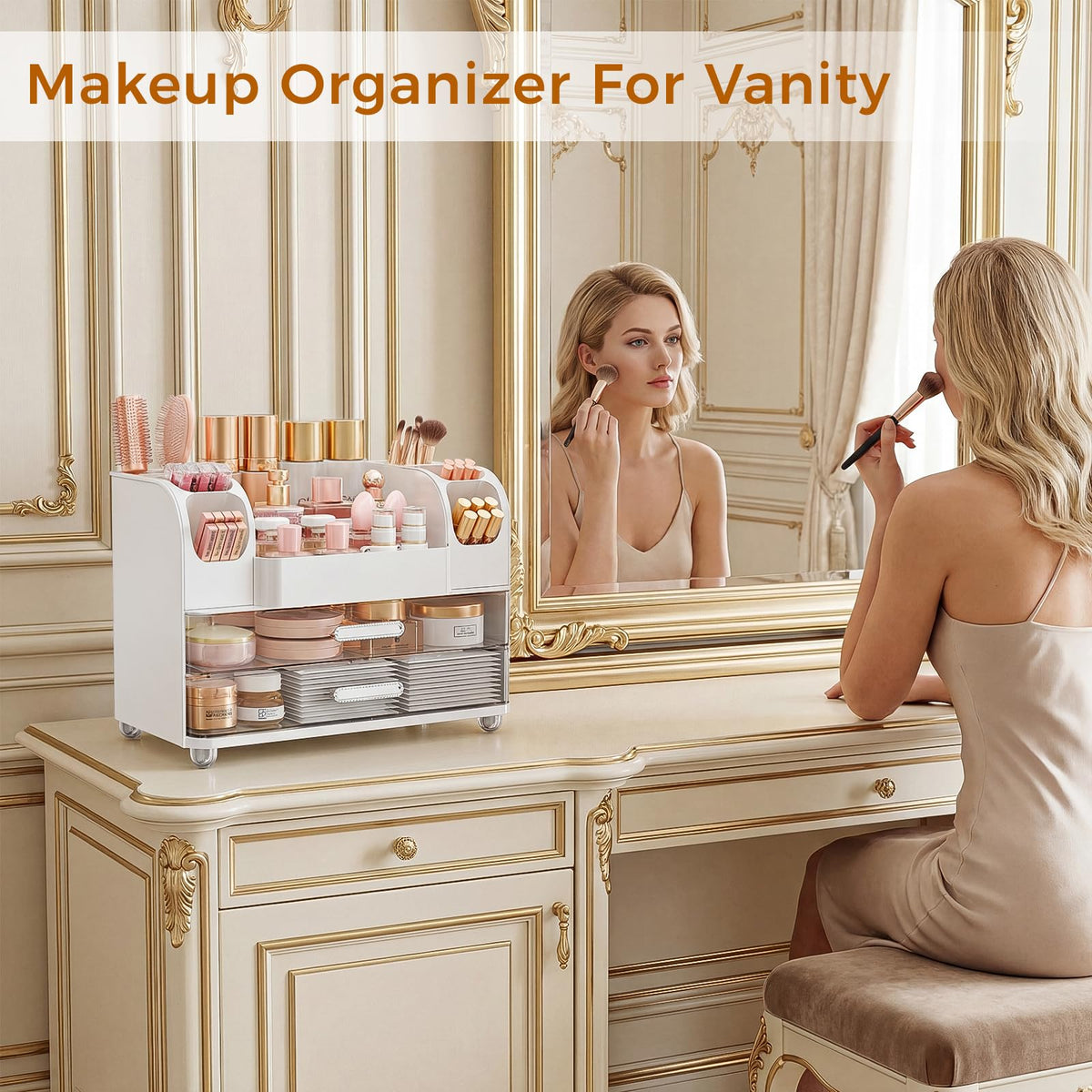 Zenvibesk makeup organizer vanity assembly white demonstrates tool-free setup in minutes.