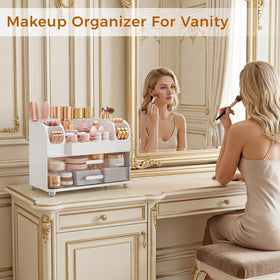 Zenvibesk makeup organizer vanity assembly white demonstrates tool-free setup in minutes.