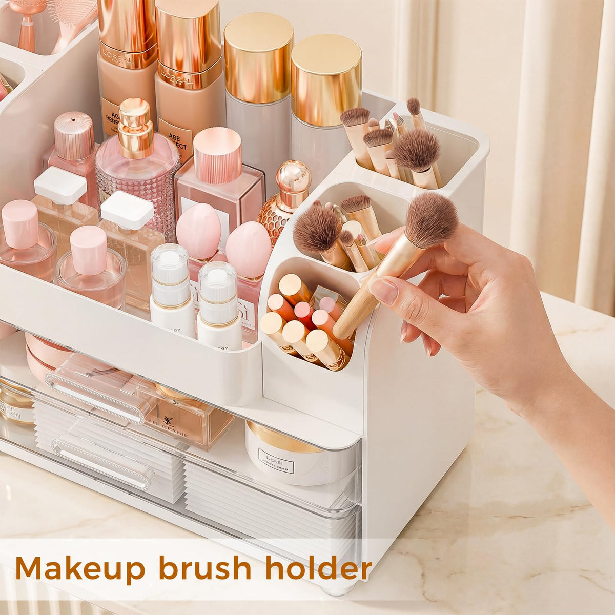 Zenvibesk makeup organizer vanity drawer closeup white highlights hidden storage for masks and jewelry.
