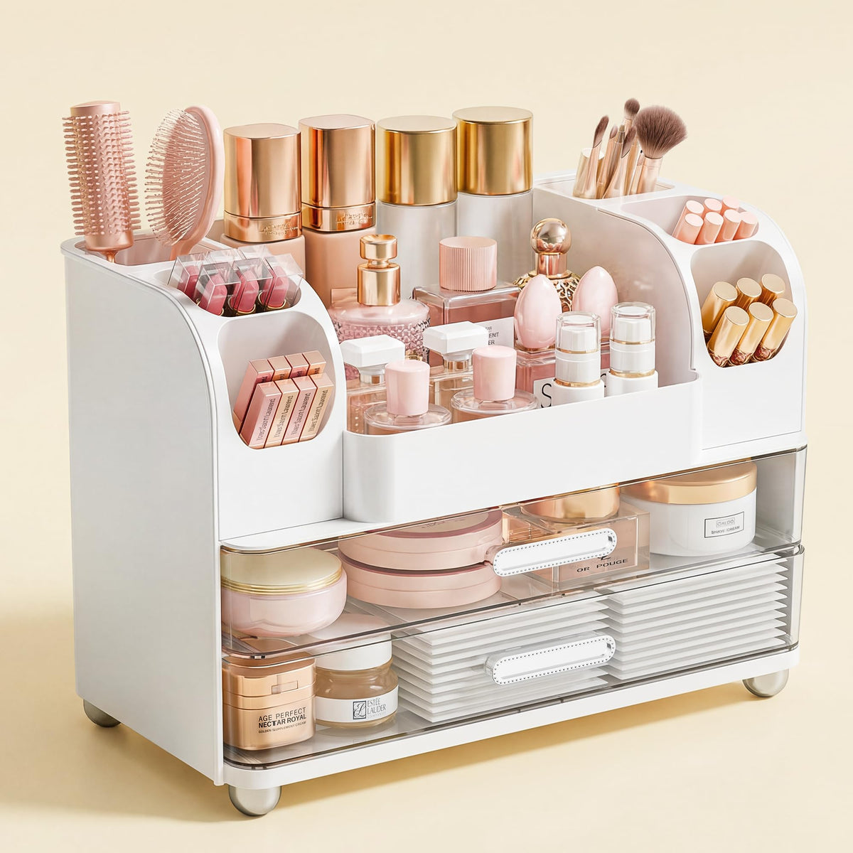 Zenvibesk makeup organizer vanity drawers white keeps cosmetics neatly stored and easy to access.