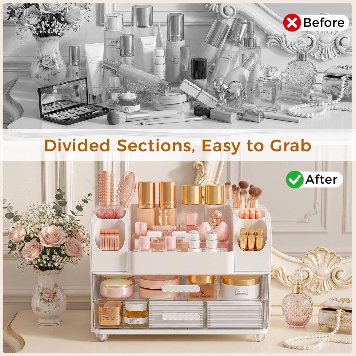 Zenvibesk makeup organizer vanity front slots white arranges lipsticks and polishes for quick selection.