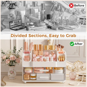 Zenvibesk makeup organizer vanity front slots white arranges lipsticks and polishes for quick selection.