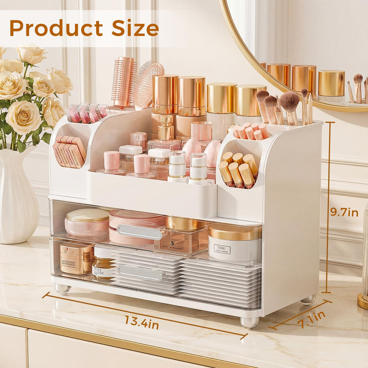 Zenvibesk makeup organizer vanity top compartment white showcases tall skincare bottles at a glance.