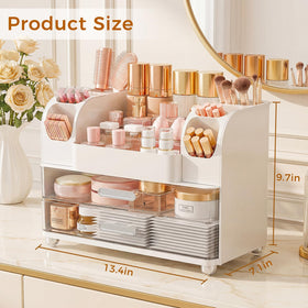 Zenvibesk makeup organizer vanity top compartment white showcases tall skincare bottles at a glance.