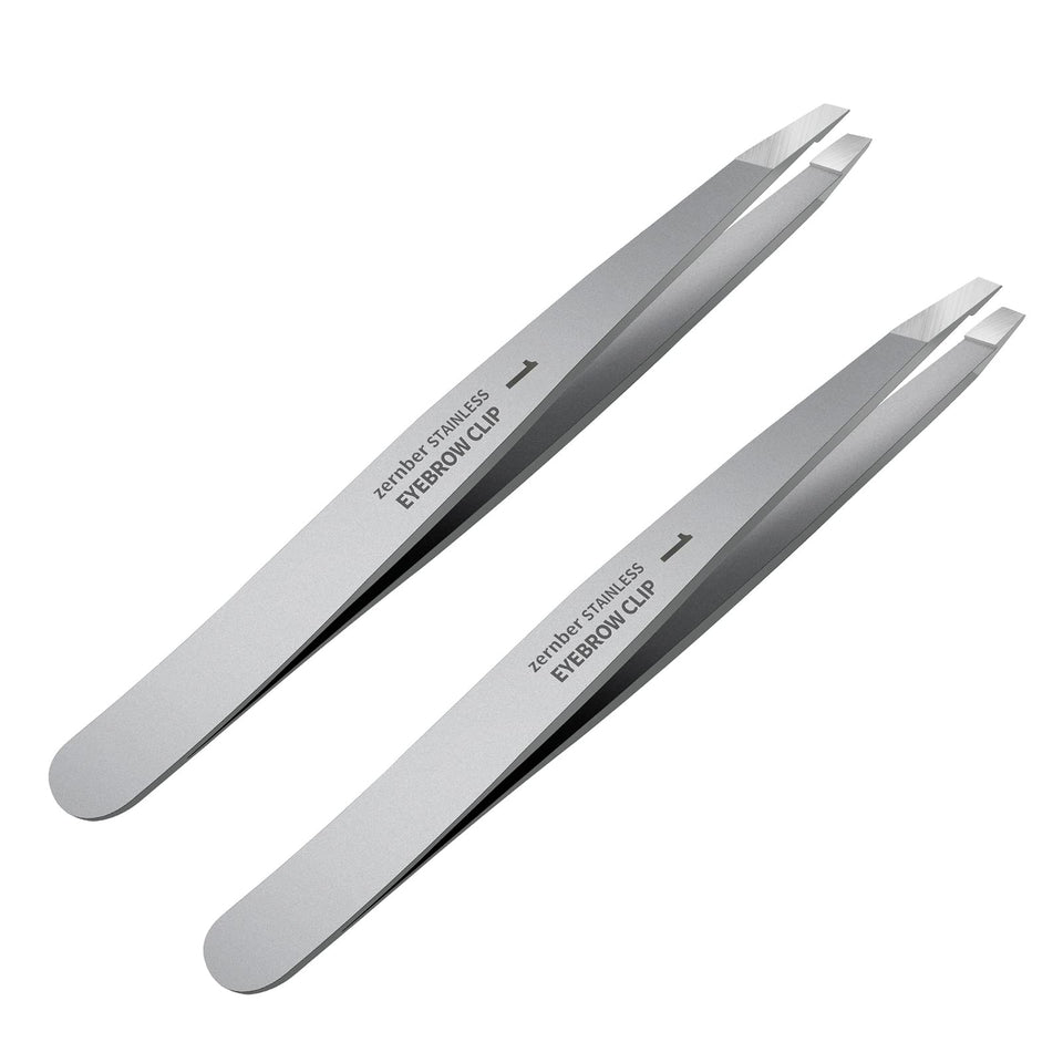 ZERNBER flat-tip tweezers for precise brow shaping and hair removal.