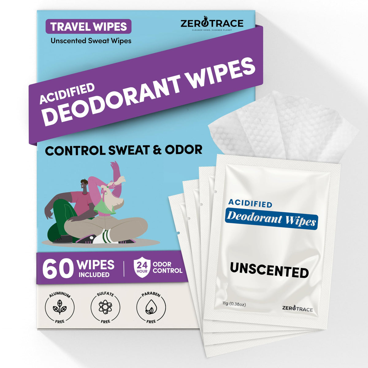 Zero Trace Travel Deodorant Wipes 60-count pack for all-day odor control on the go